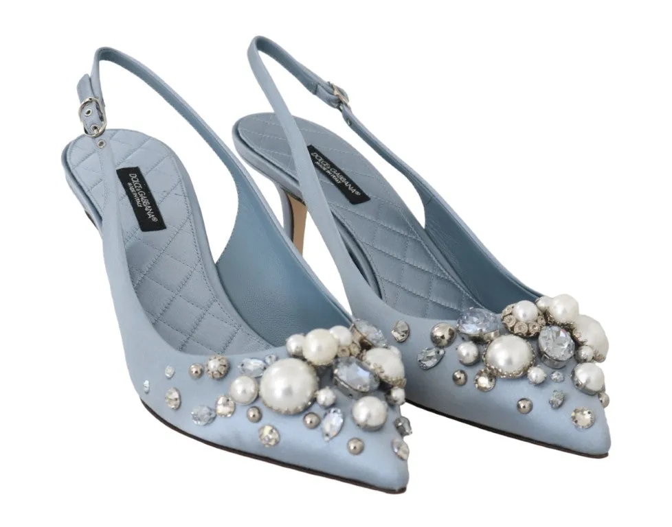 Blue Silk Raso Crystal Slingbacks Shoes