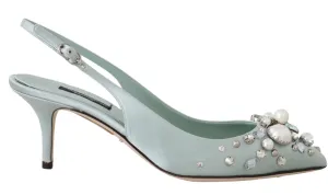Blue Silk Raso Crystal Slingbacks Shoes