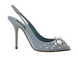 Blue Silk Raso Crystal Slingbacks Shoes