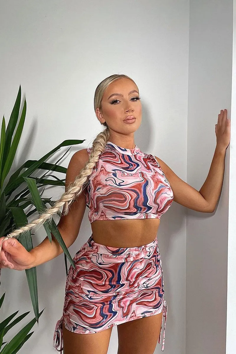 Brown Marble Print Crop Top & Side Ruched Skirt Set - Cole