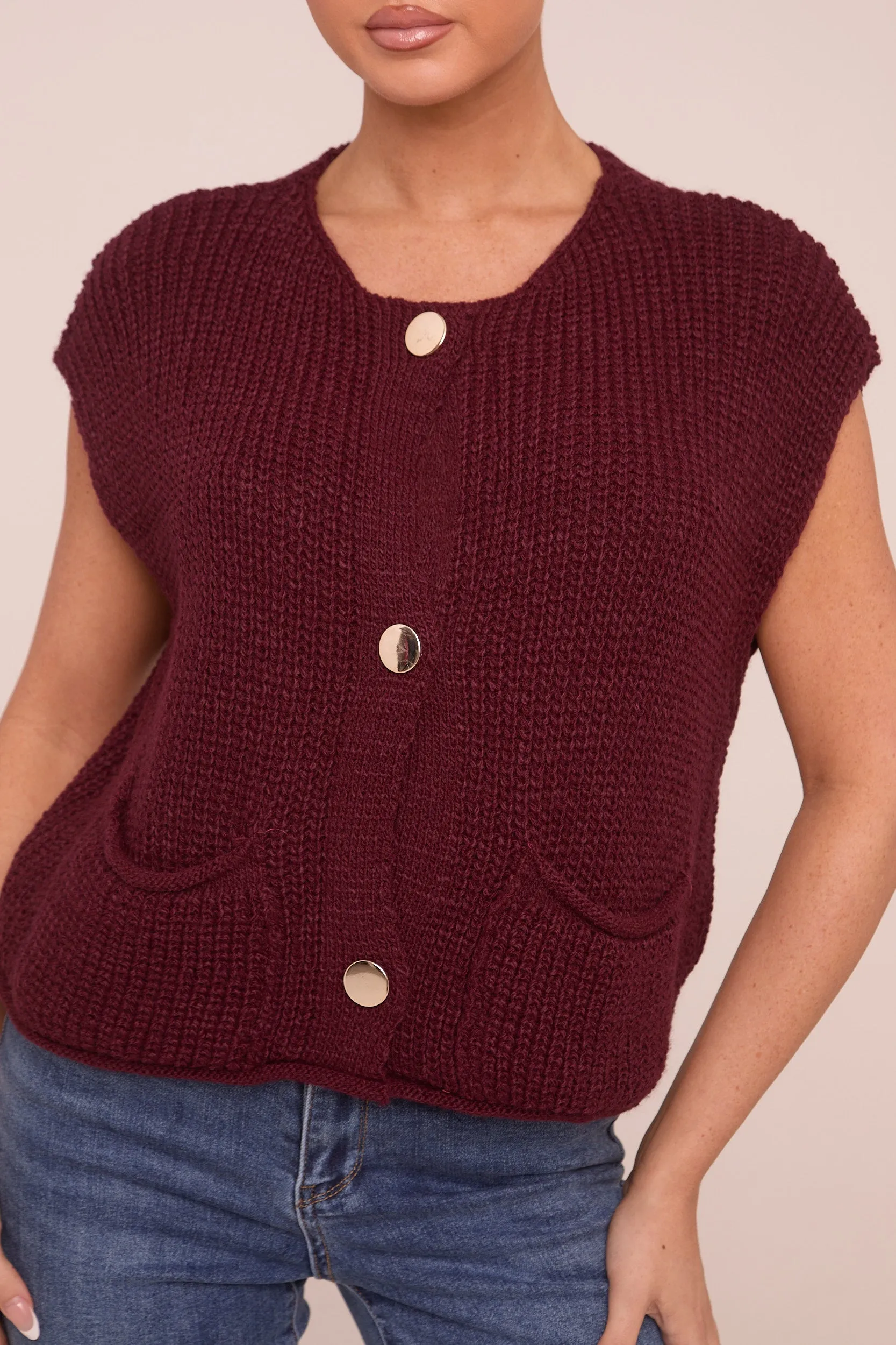 Burgundy Knit Button Up Sleeveless Cardigan - Sally