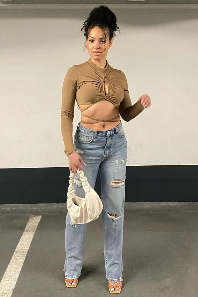 Camel Chest Cut Out High Neck Crop Top - Kara