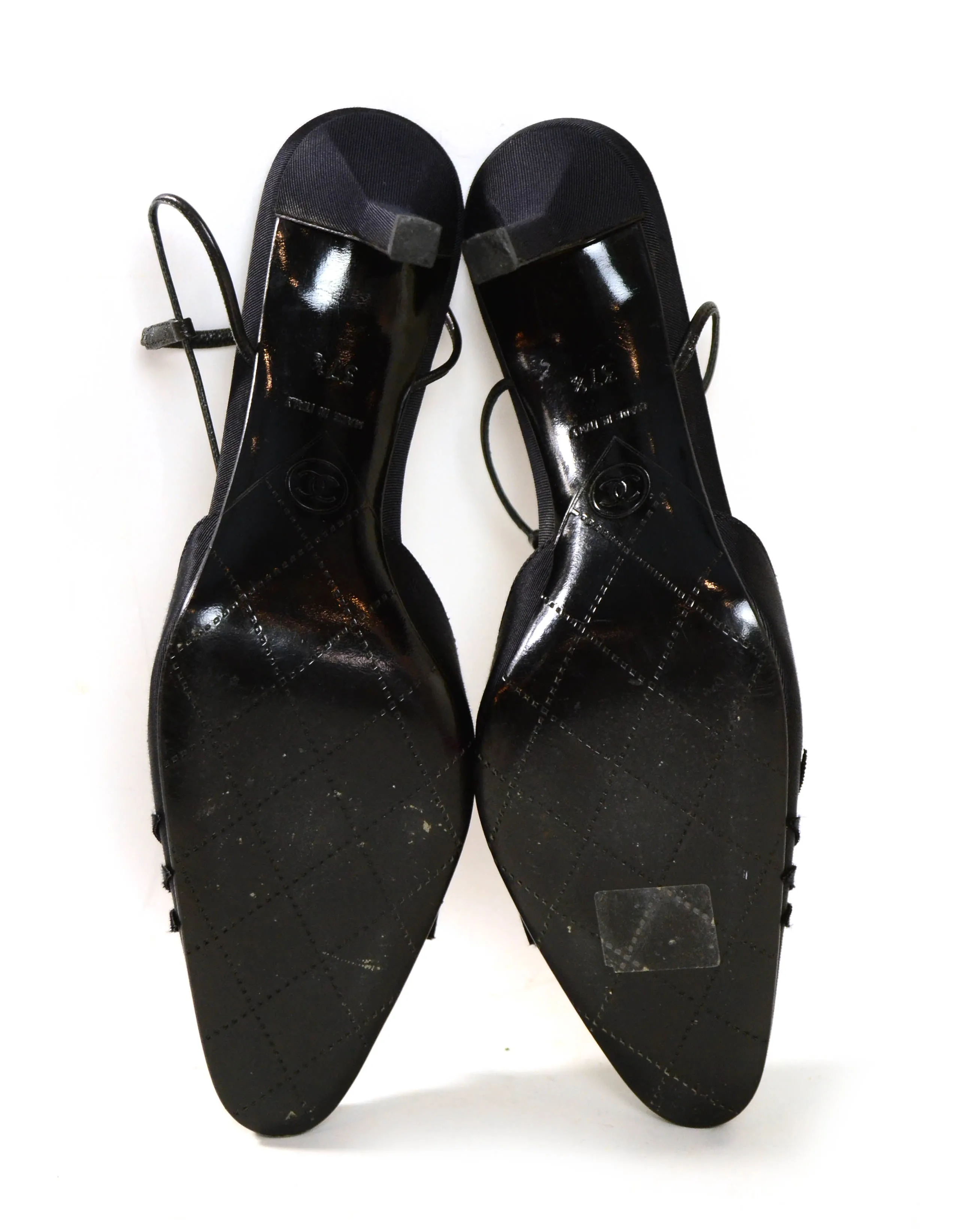 Chanel Black Grosgain Slingbacks with CC Pearl Camellia sz 37.5
