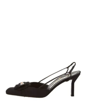 Chanel Black Grosgain Slingbacks with CC Pearl Camellia sz 37.5