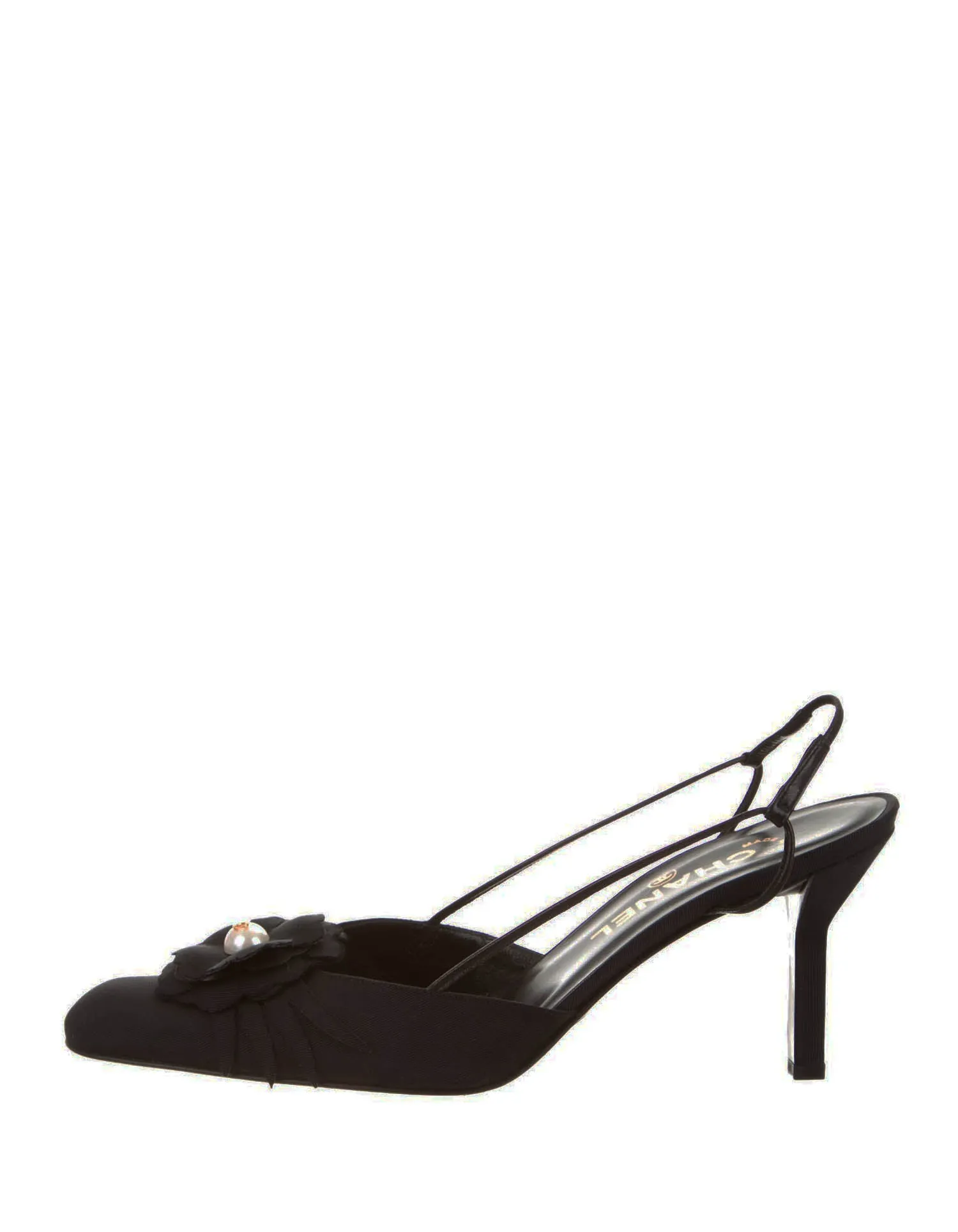 Chanel Black Grosgain Slingbacks with CC Pearl Camellia sz 37.5