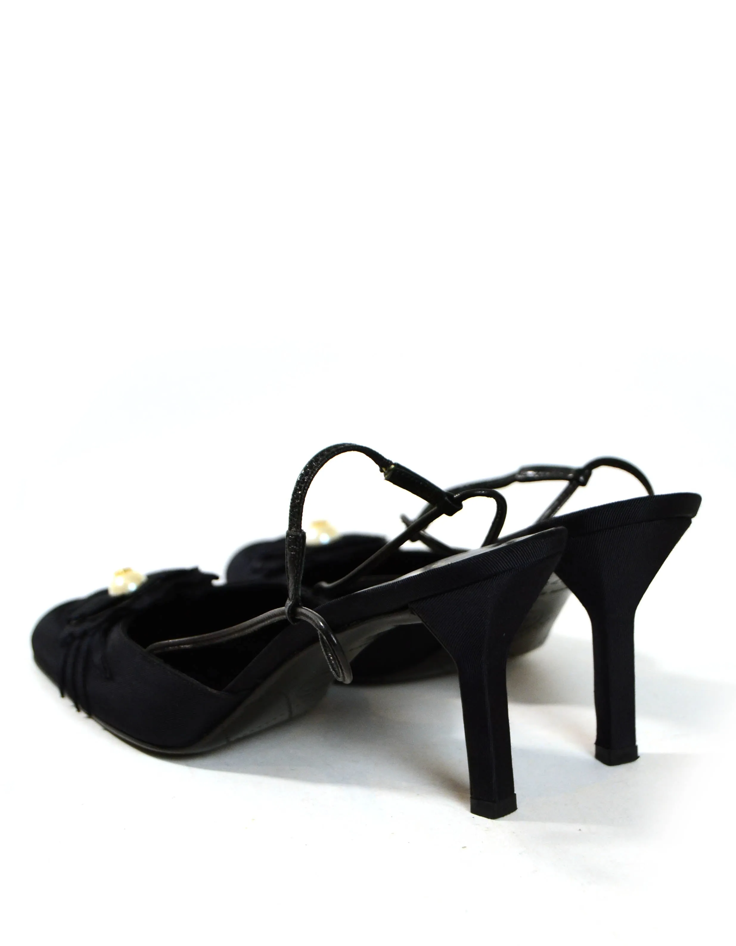 Chanel Black Grosgain Slingbacks with CC Pearl Camellia sz 37.5