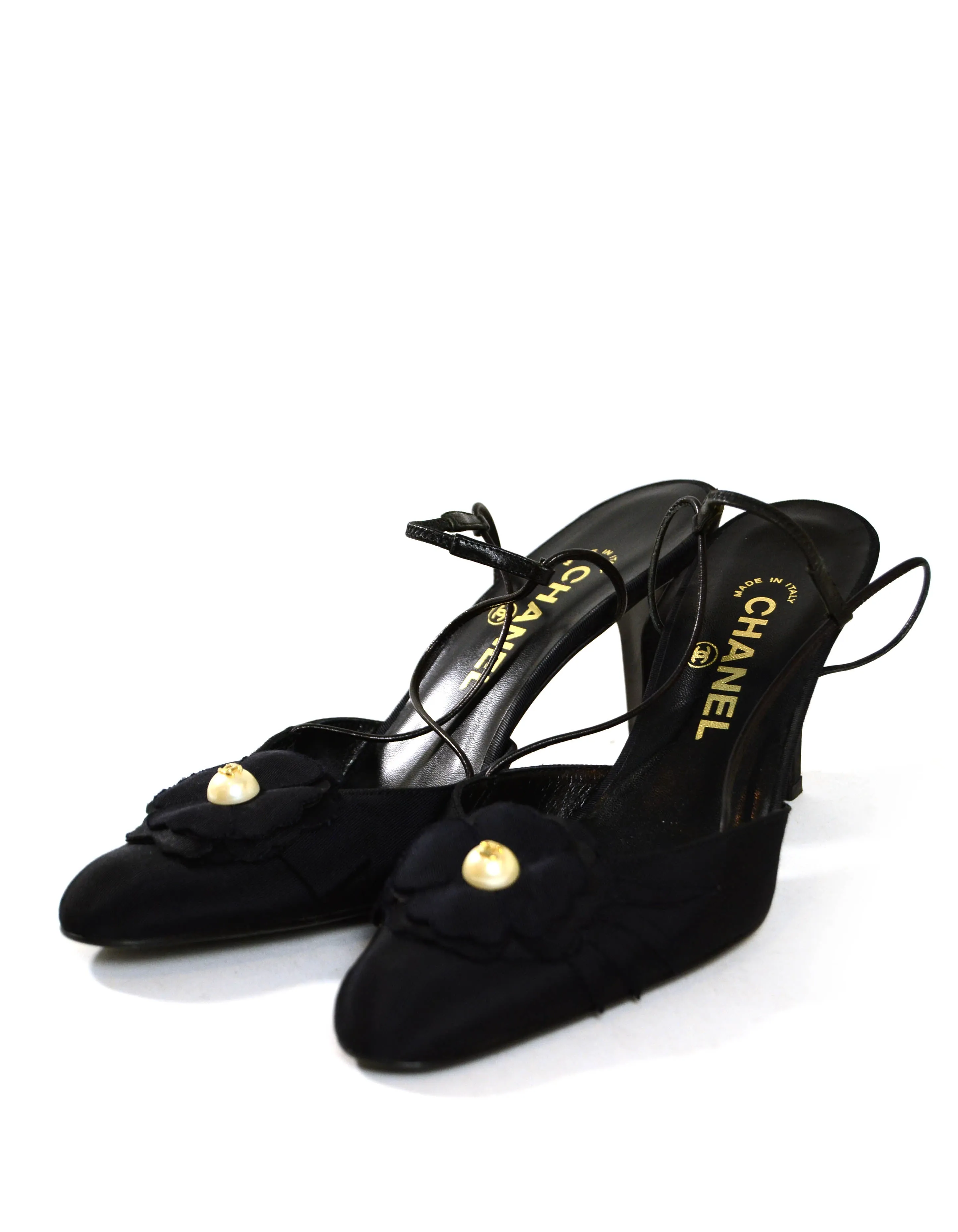 Chanel Black Grosgain Slingbacks with CC Pearl Camellia sz 37.5
