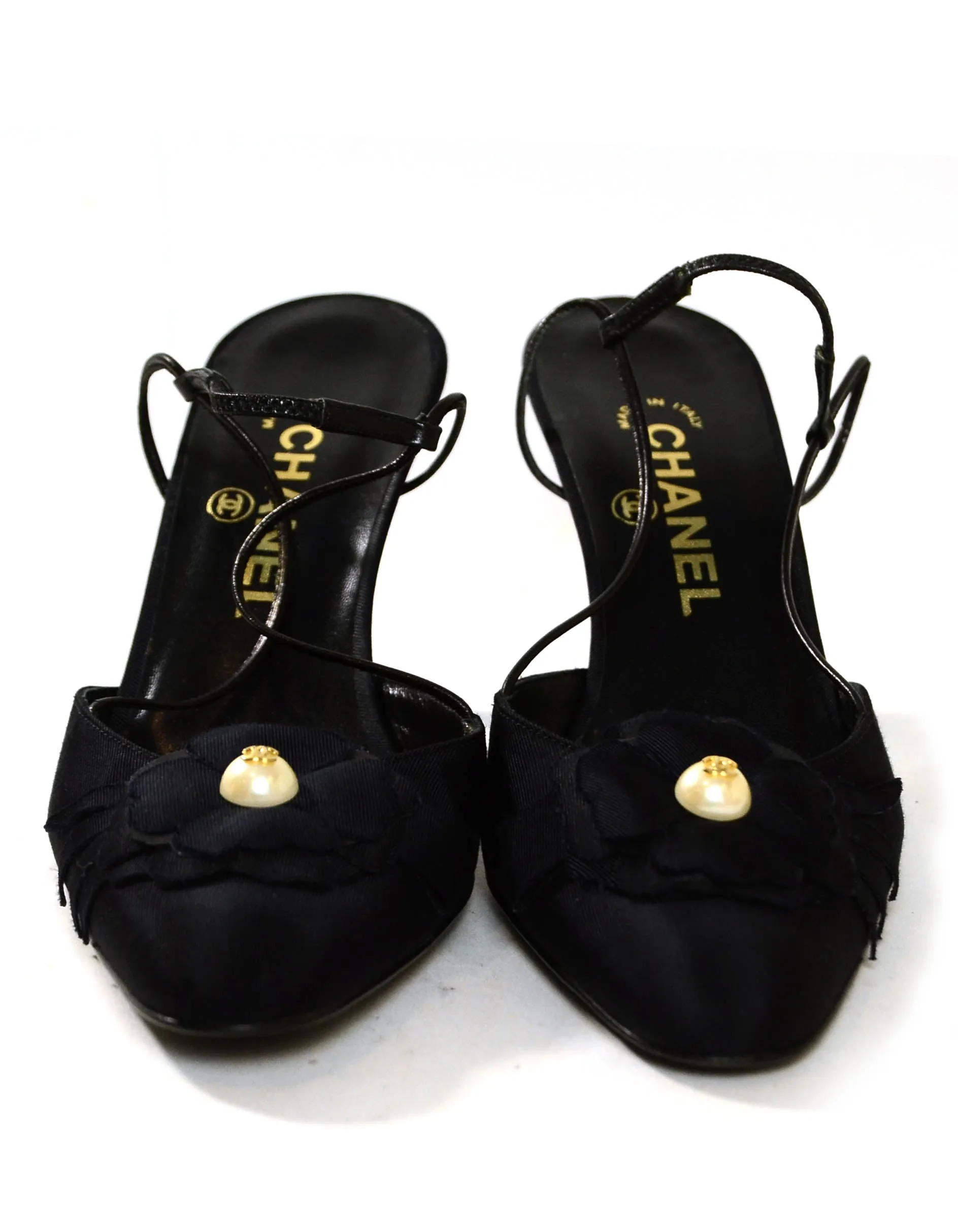 Chanel Black Grosgain Slingbacks with CC Pearl Camellia sz 37.5