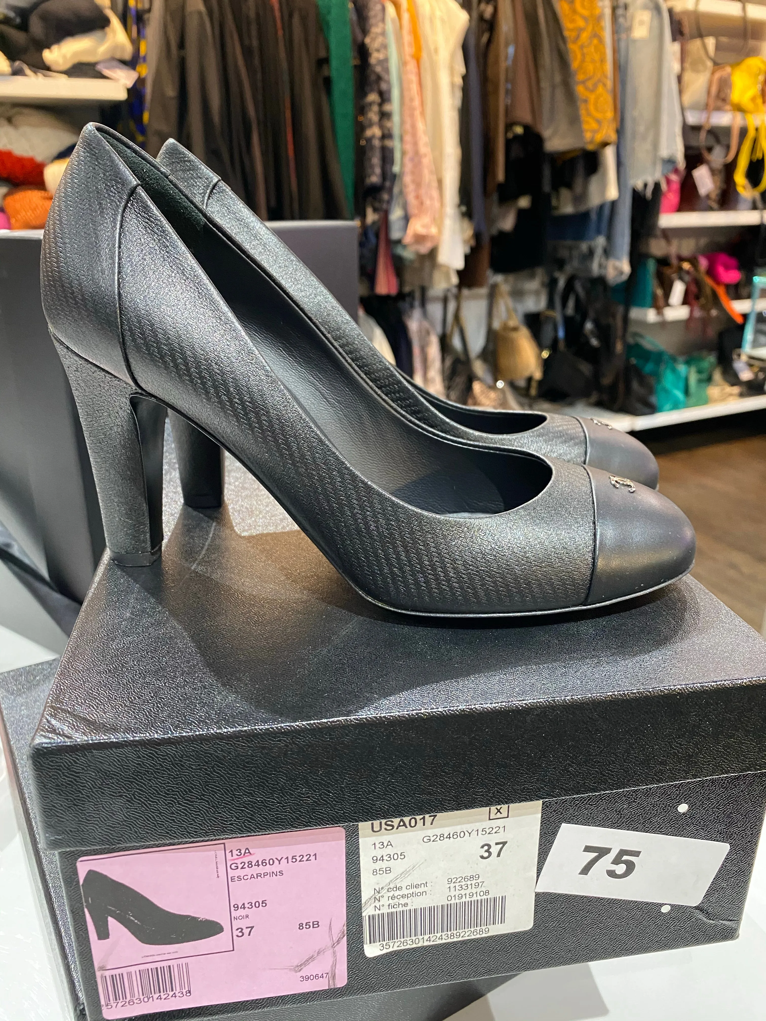 Chanel Black Leather and Lambskin Pump with Silver CC