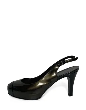 Chanel Bronze Patent Leather CC Captoe Metallic Slingbacks sz 38