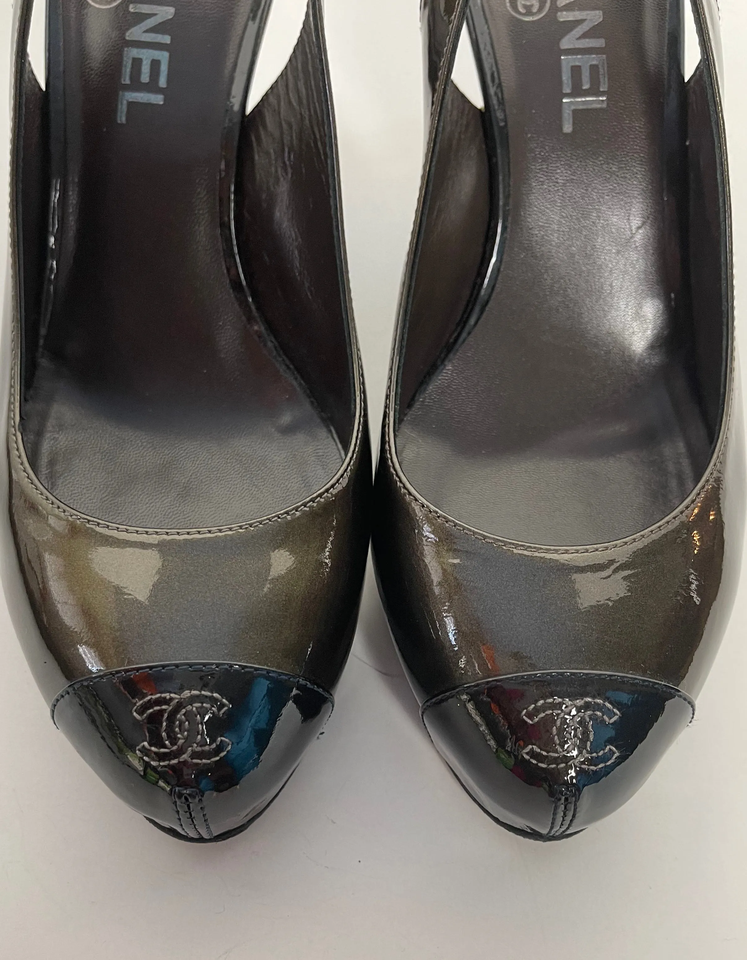 Chanel Bronze Patent Leather CC Captoe Metallic Slingbacks sz 38
