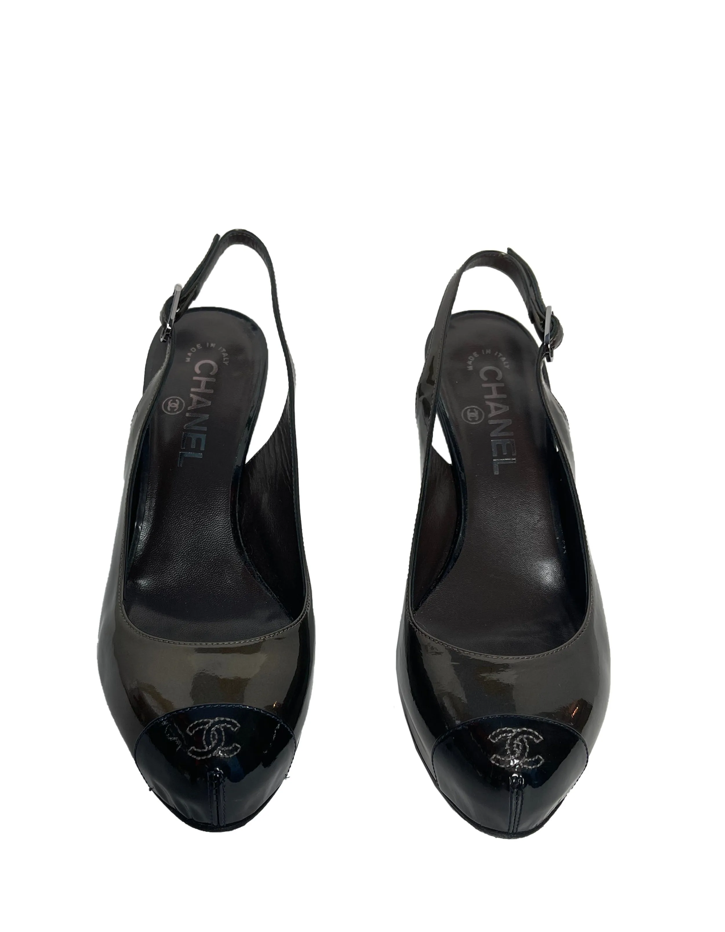 Chanel Bronze Patent Leather CC Captoe Metallic Slingbacks sz 38