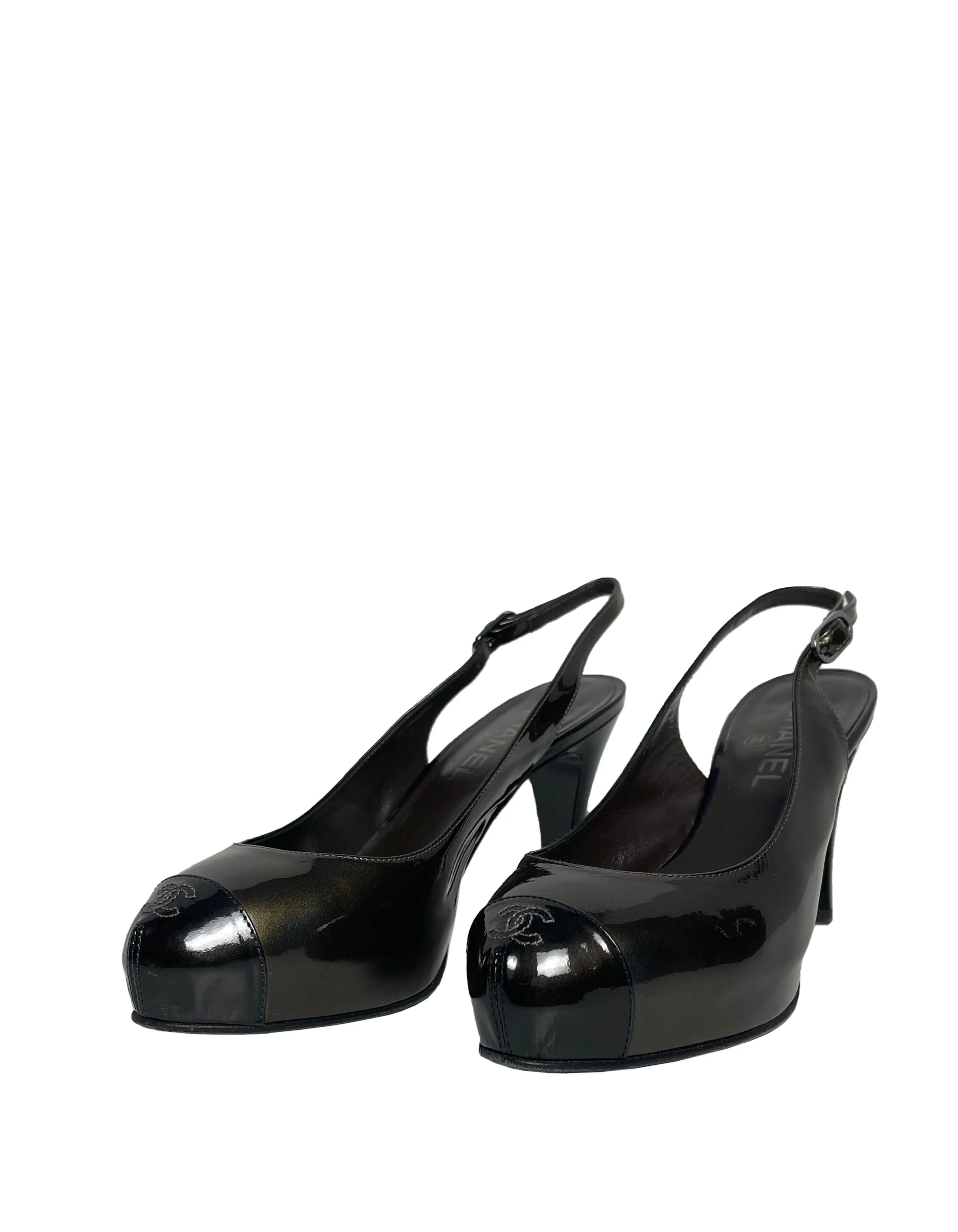 Chanel Bronze Patent Leather CC Captoe Metallic Slingbacks sz 38
