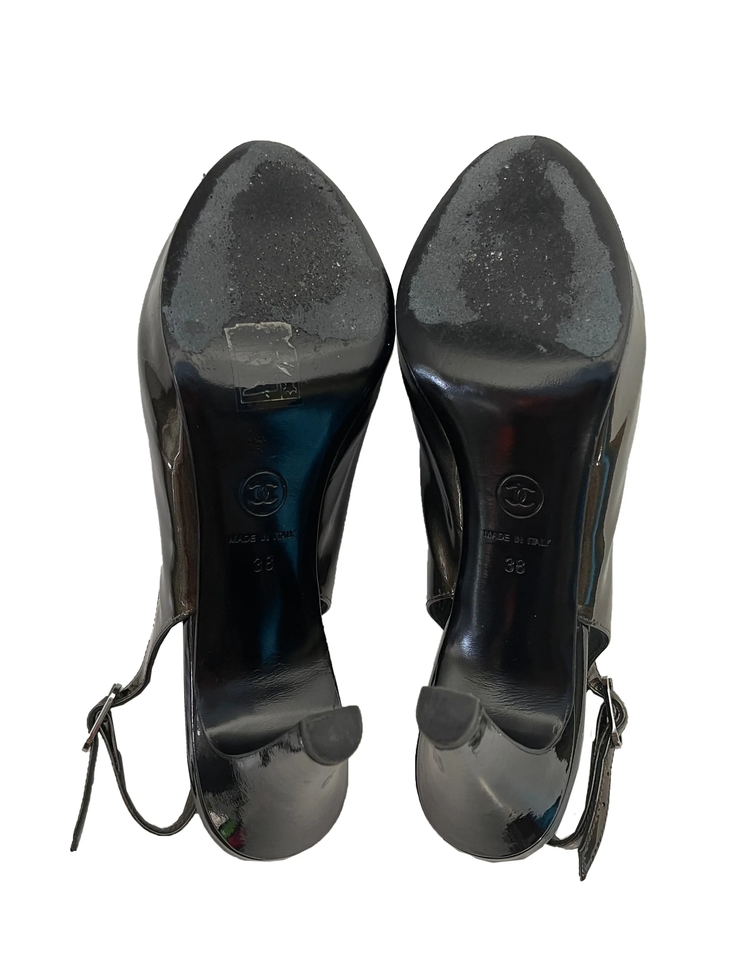Chanel Bronze Patent Leather CC Captoe Metallic Slingbacks sz 38