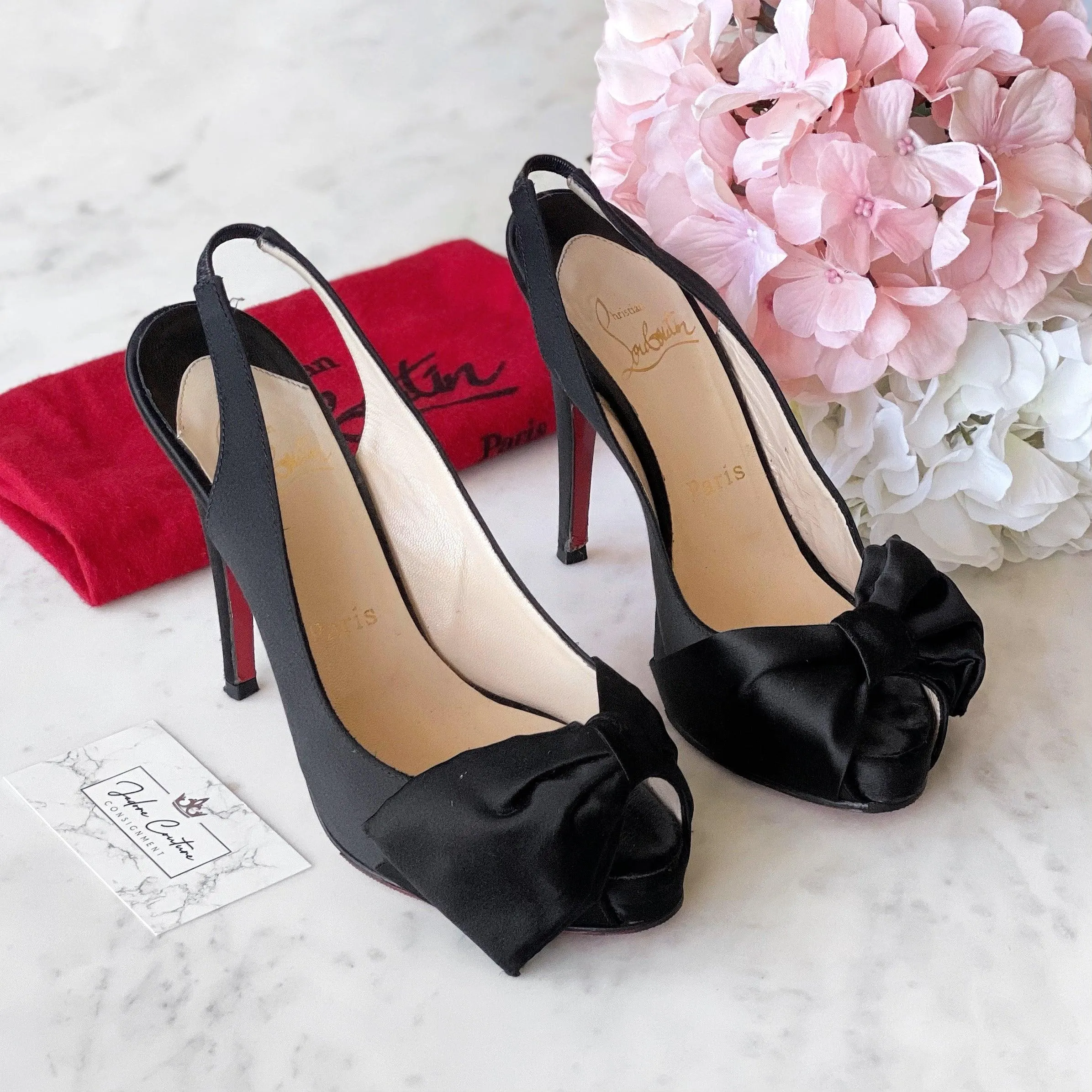 Christian Louboutin Black Satin Sling Back Pumps 37