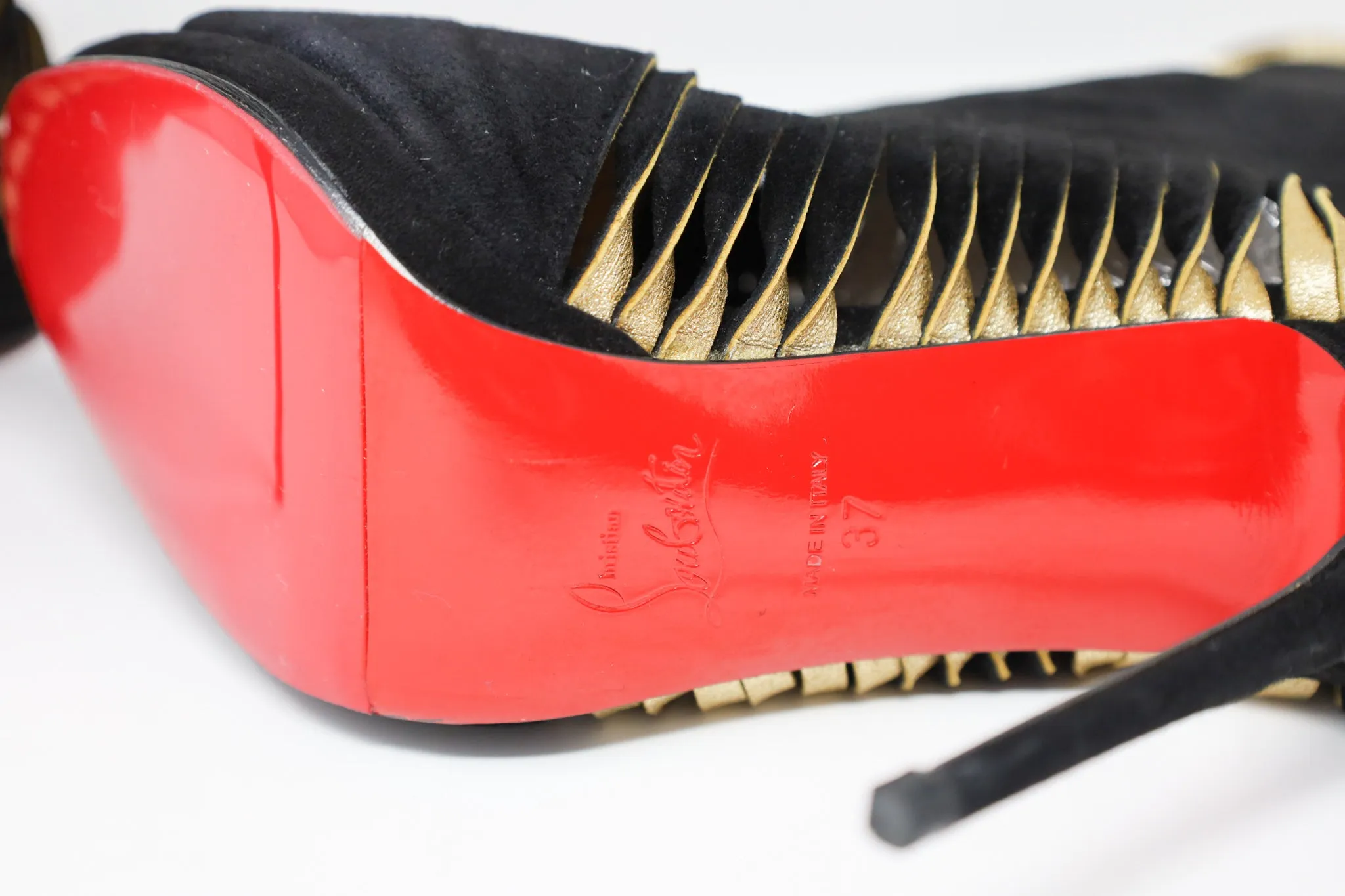 Christian Louboutin Black Suede and Gold Leather Bootie
