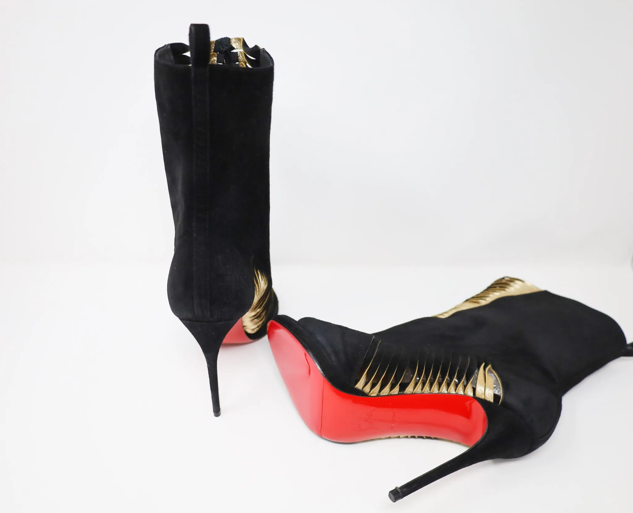 Christian Louboutin Black Suede and Gold Leather Bootie