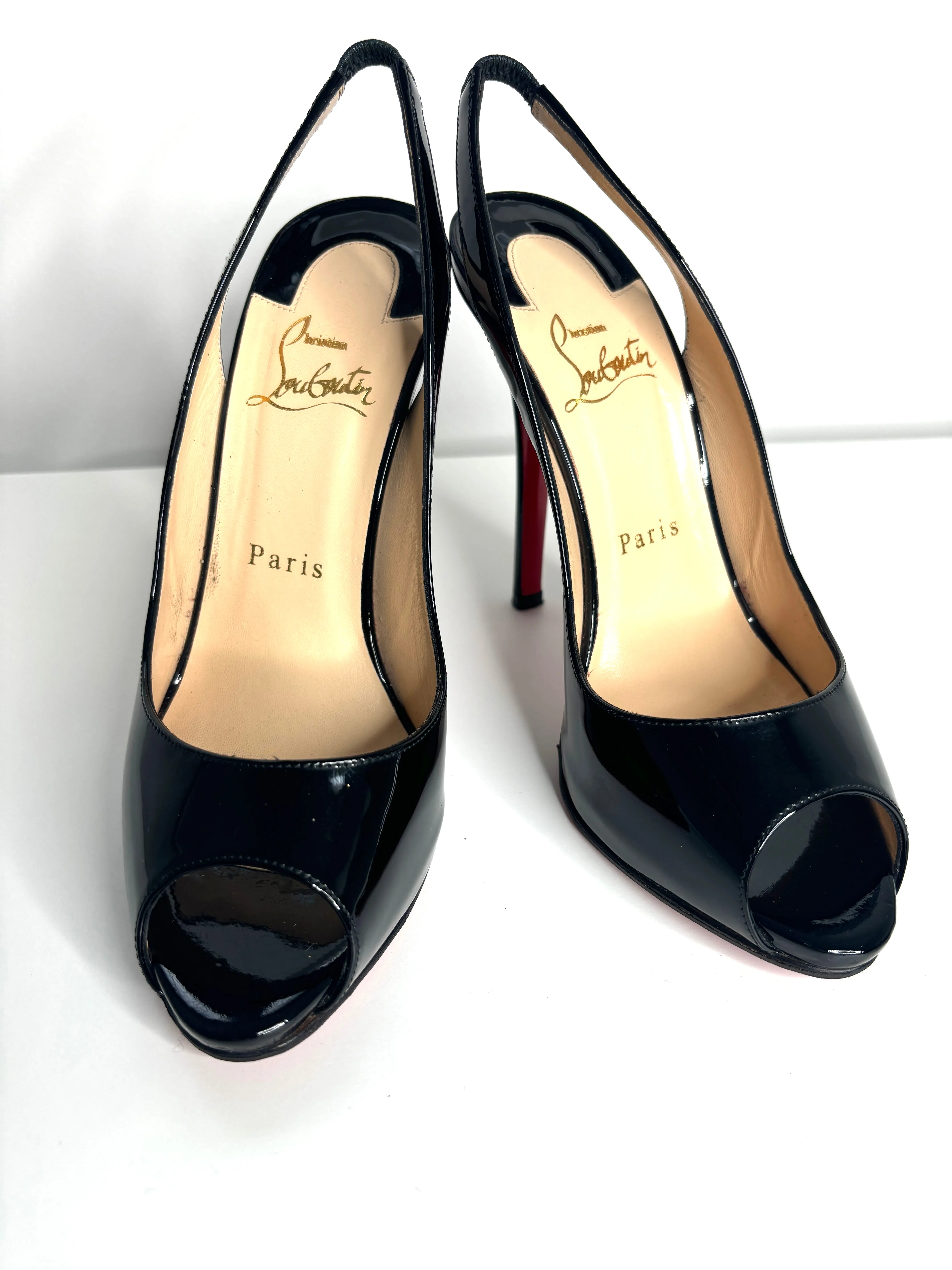 Christian Louboutin Gamma Talon 120 Black Patent Slingback Heels small 37 UK4