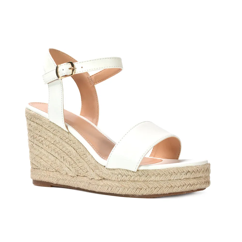 Cindy Espadrille Platform Wedge Heel Holiday Sandals With Ankle Strap in White
