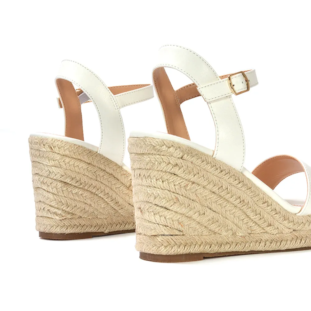Cindy Espadrille Platform Wedge Heel Holiday Sandals With Ankle Strap in White