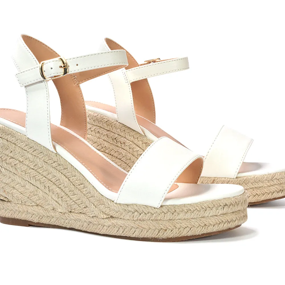 Cindy Espadrille Platform Wedge Heel Holiday Sandals With Ankle Strap in White