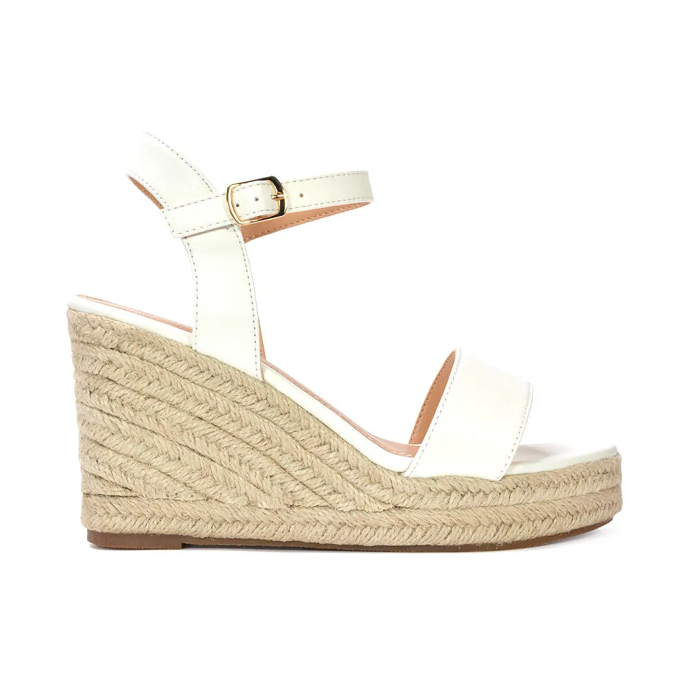 Cindy Espadrille Platform Wedge Heel Holiday Sandals With Ankle Strap in White
