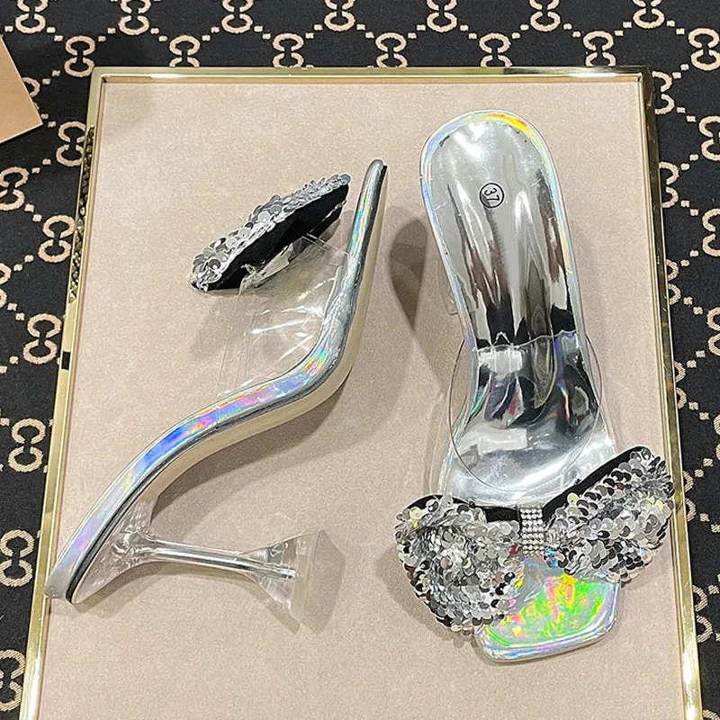 Clear PVC Crystal Heeled Women Slippers