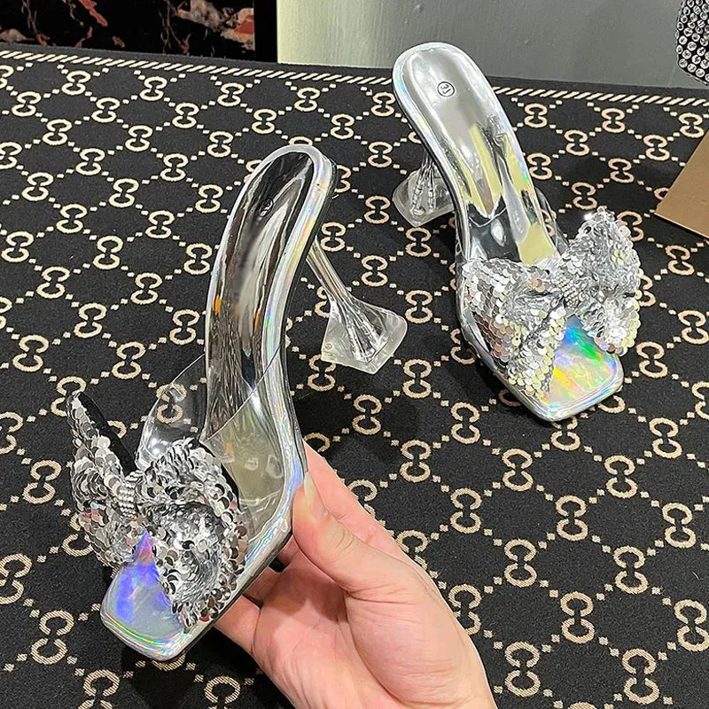 Clear PVC Crystal Heeled Women Slippers