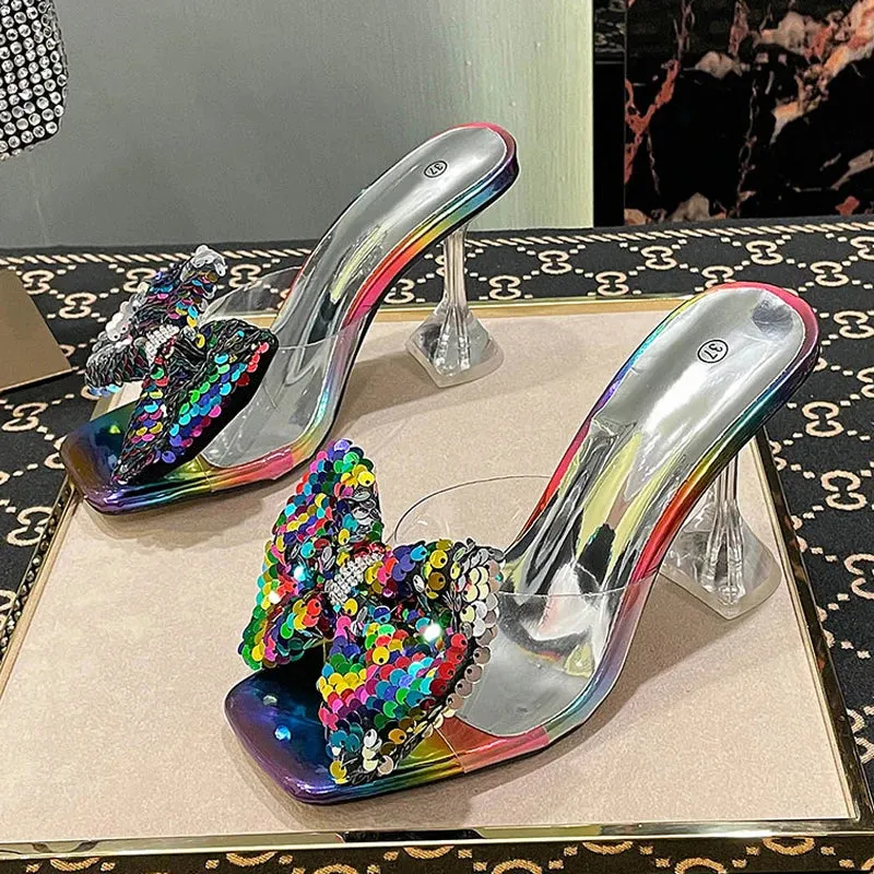 Clear PVC Crystal Heeled Women Slippers