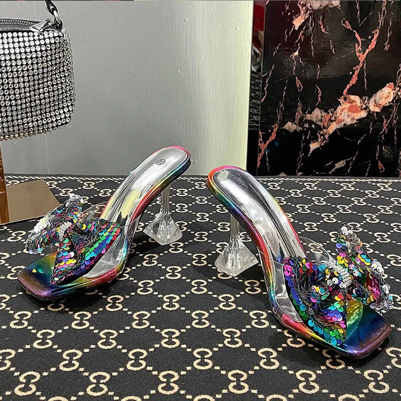 Clear PVC Crystal Heeled Women Slippers