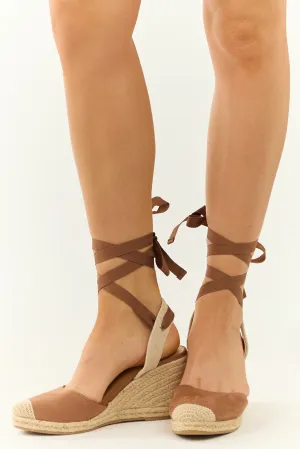 Cognac Lace Up Strap Espadrille Wedge Heels