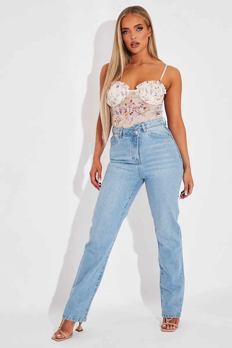 Cream Floral Corset Detail Bodysuit - Clarah