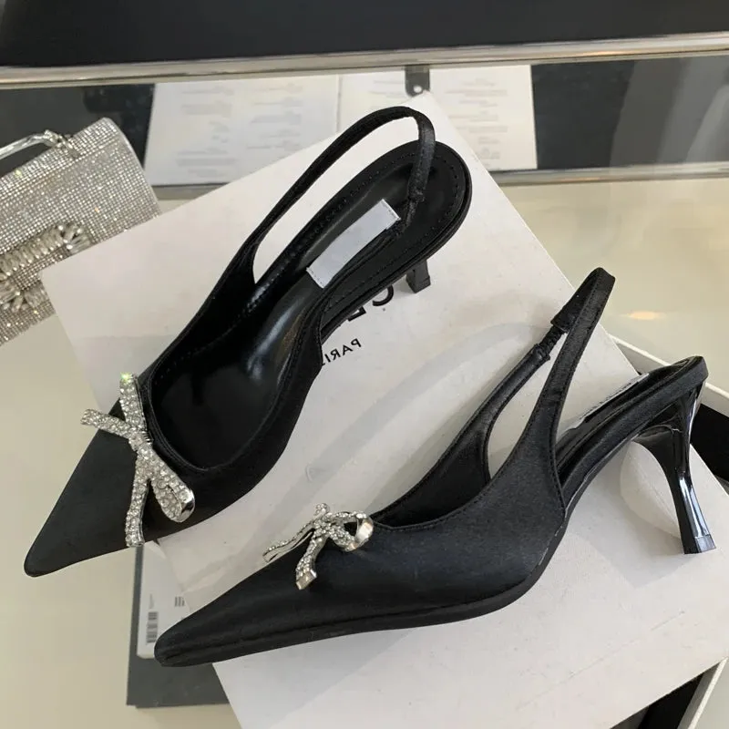 CRYSTAL Butterfly-knot Women Pumps with Sexy Pointed Toe and Slingbacks, Low Thin Heel