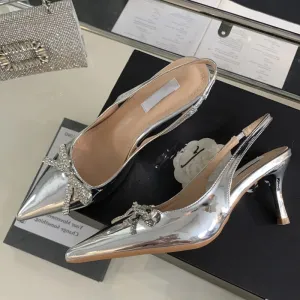 CRYSTAL Butterfly-knot Women Pumps with Sexy Pointed Toe and Slingbacks, Low Thin Heel