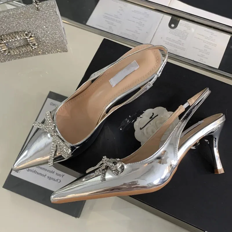 CRYSTAL Butterfly-knot Women Pumps with Sexy Pointed Toe and Slingbacks, Low Thin Heel