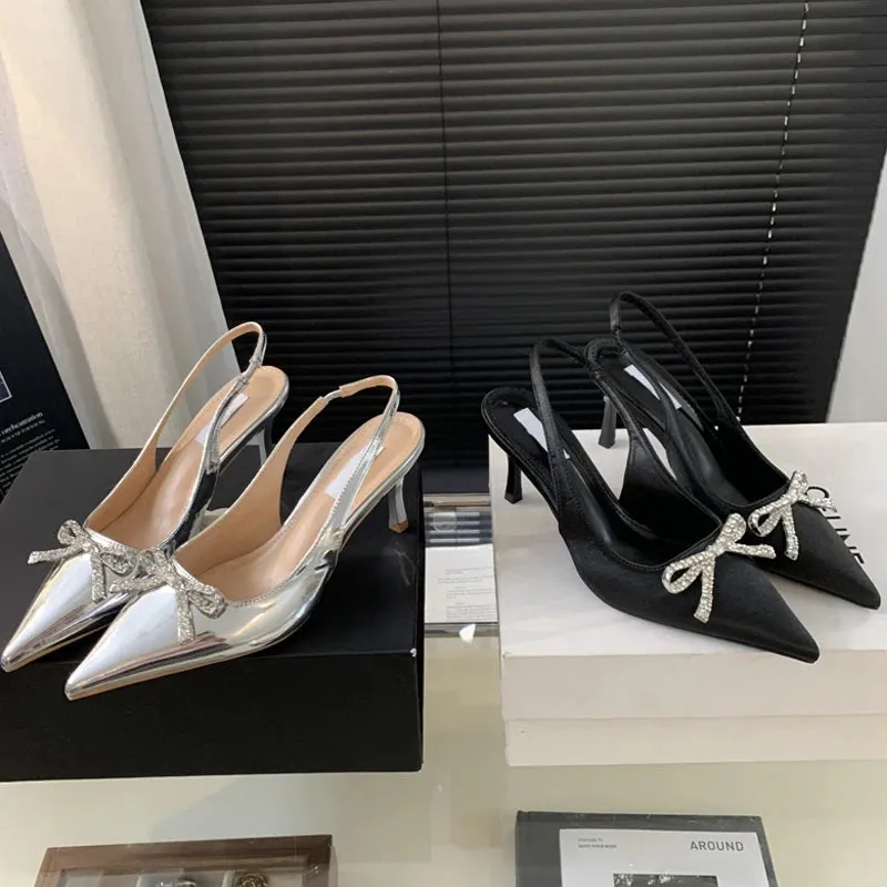 CRYSTAL Butterfly-knot Women Pumps with Sexy Pointed Toe and Slingbacks, Low Thin Heel