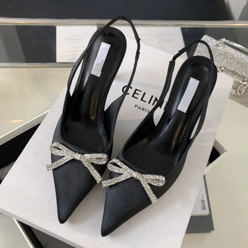 CRYSTAL Butterfly-knot Women Pumps with Sexy Pointed Toe and Slingbacks, Low Thin Heel