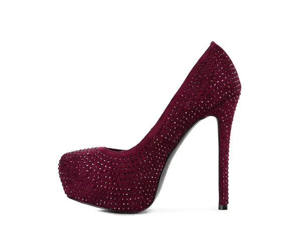 Diamante Faux Suede high Heeled Pumps