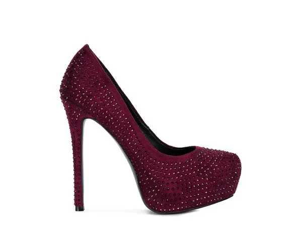 Diamante Faux Suede high Heeled Pumps