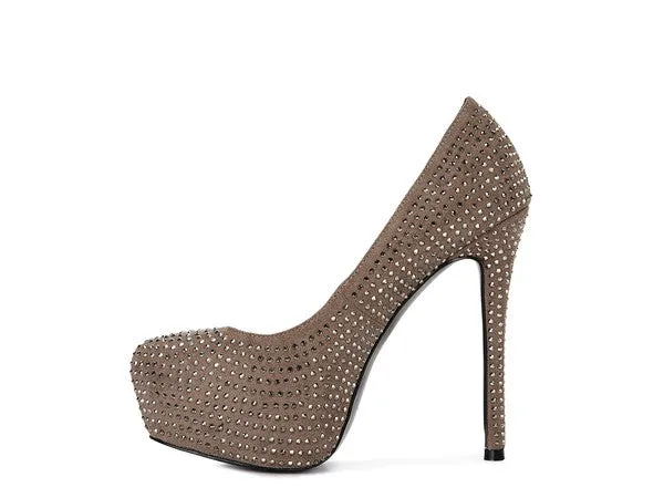 Diamante Faux Suede high Heeled Pumps
