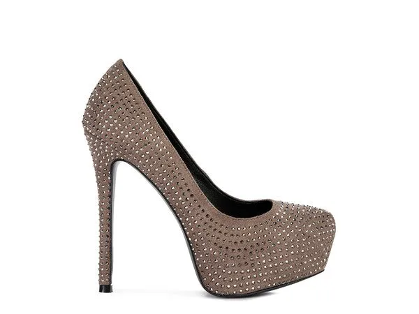 Diamante Faux Suede high Heeled Pumps