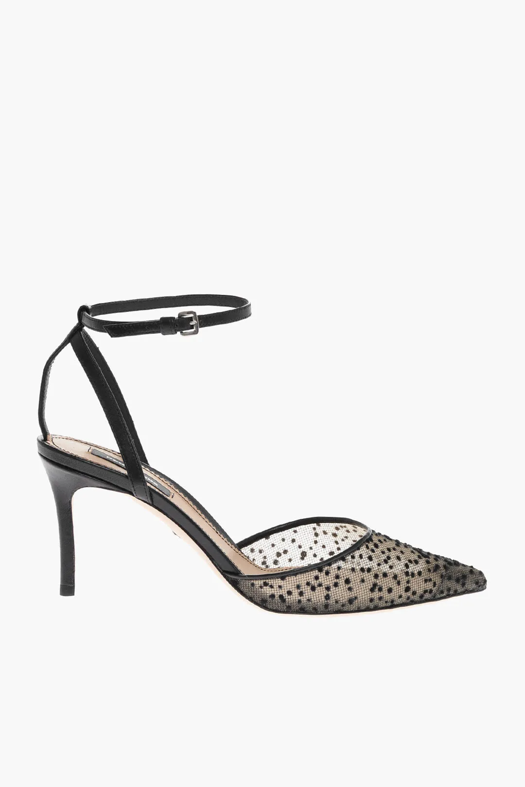 Dsquared2 Leather Ankle Strap Pumps with Glitter Mesh Detail Heel 7cm