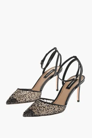 Dsquared2 Leather Ankle Strap Pumps with Glitter Mesh Detail Heel 7cm