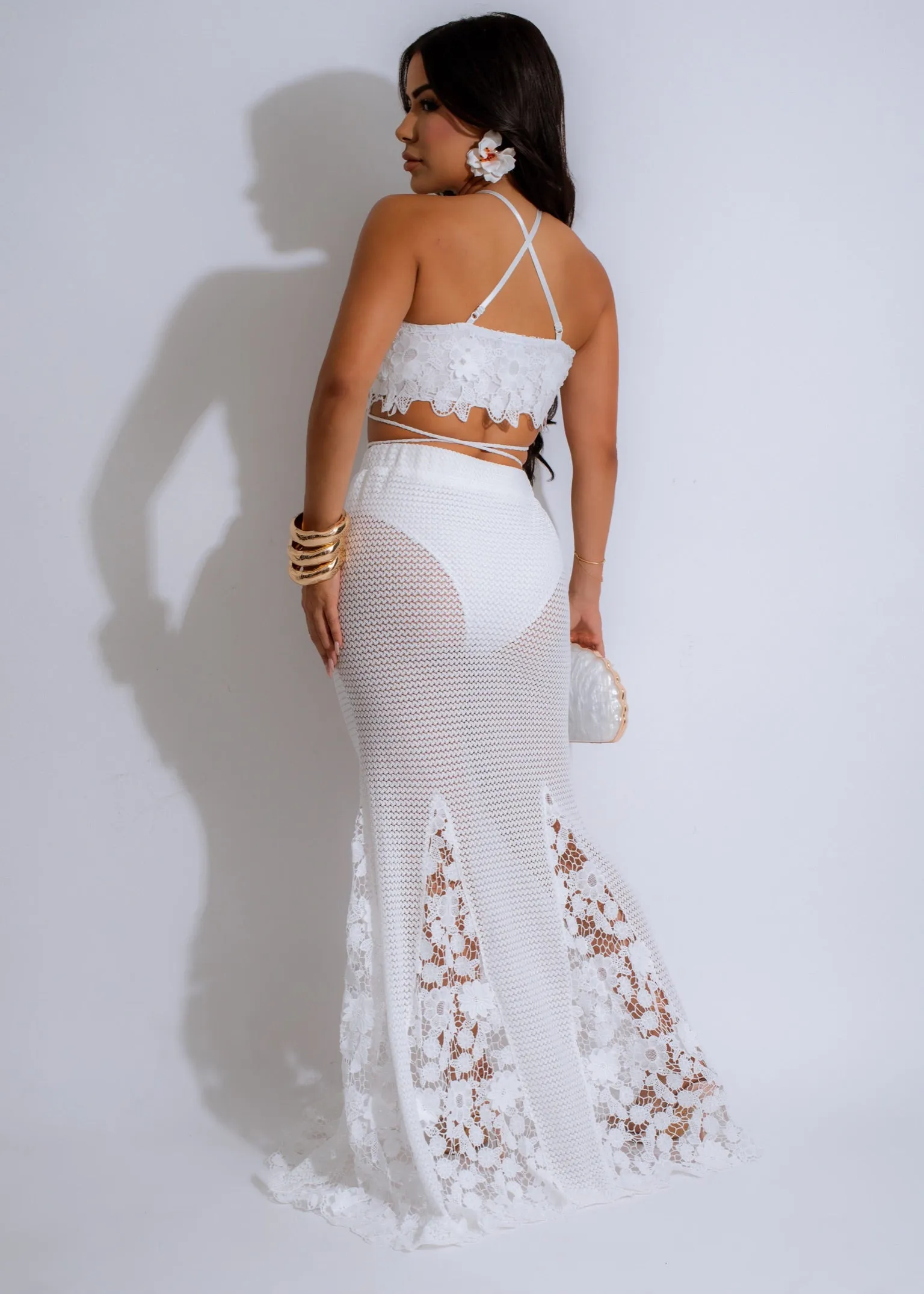 Enigma Ensemble Floral Lace Skirt Set White