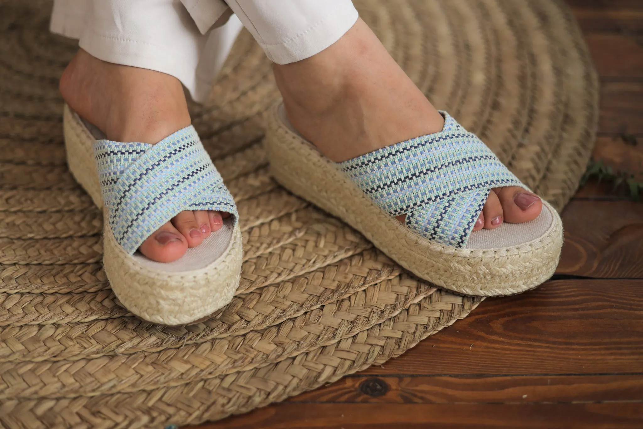 Espadrille Soles Criss Cross Wedges - Blue