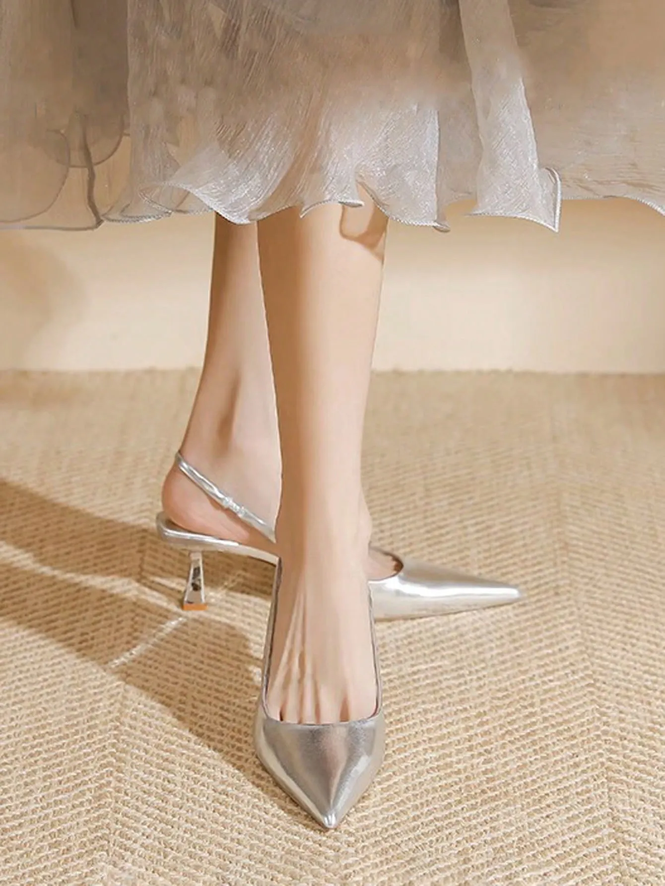 Fairy Style Comfortable Shallow Mouth Pointed Toe High Heels With One Strap, Silver