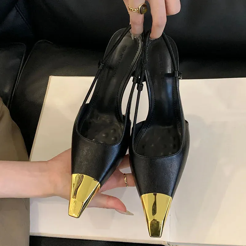 Fashion Metal Square Toe Female Pumps Thin Heels Shoes For Women 2025 Footwear Luxury Ladies High Heels Shoes Slingbacks Sandals