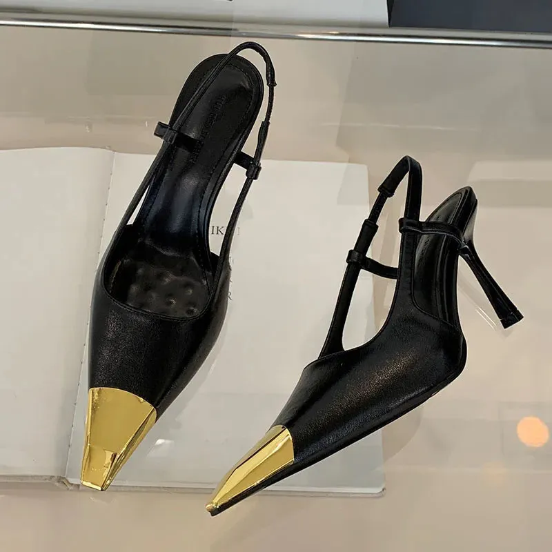 Fashion Metal Square Toe Female Pumps Thin Heels Shoes For Women 2025 Footwear Luxury Ladies High Heels Shoes Slingbacks Sandals