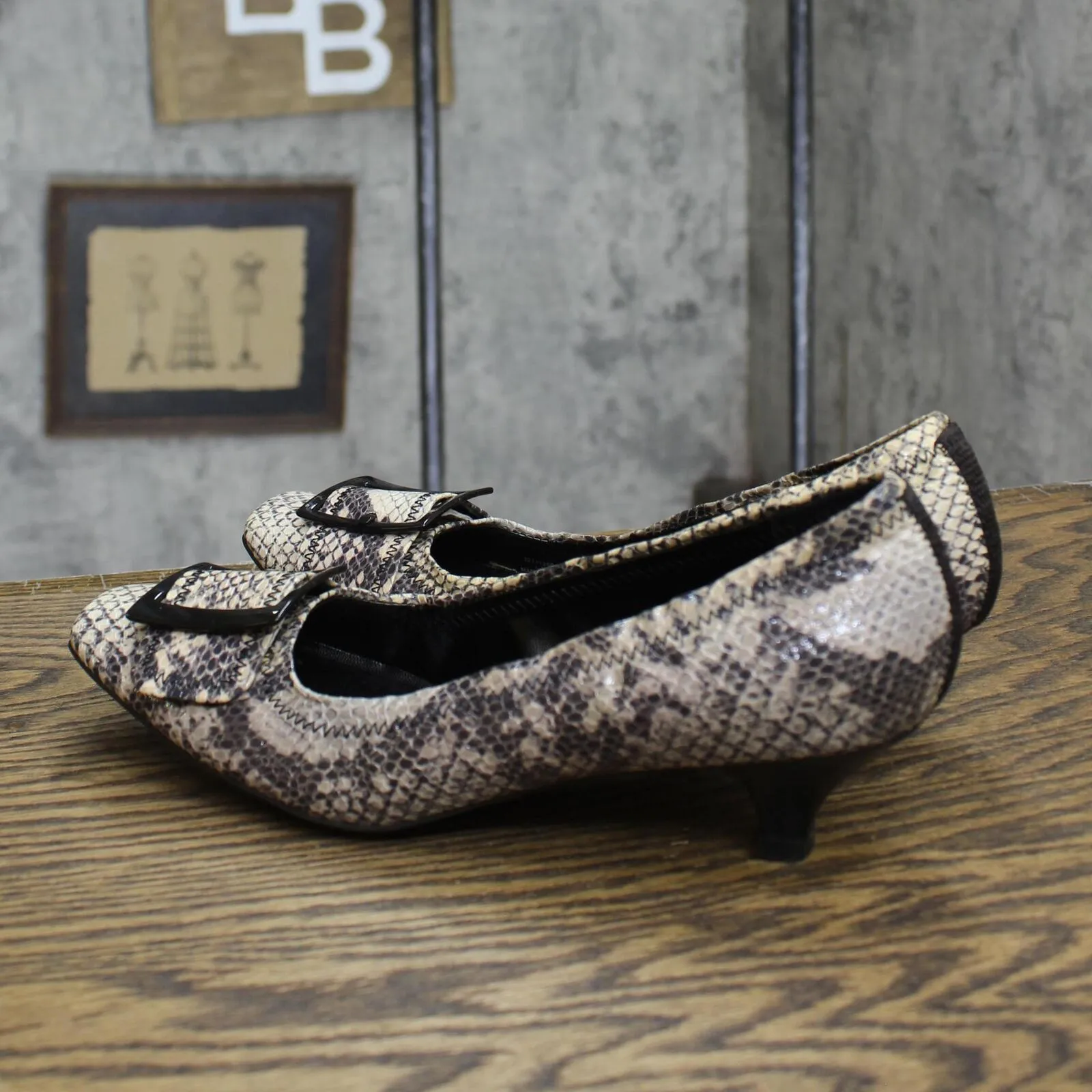 Franco Sarto Womens Vintage Snake Print Short Buckle Heels Python Brown 7M