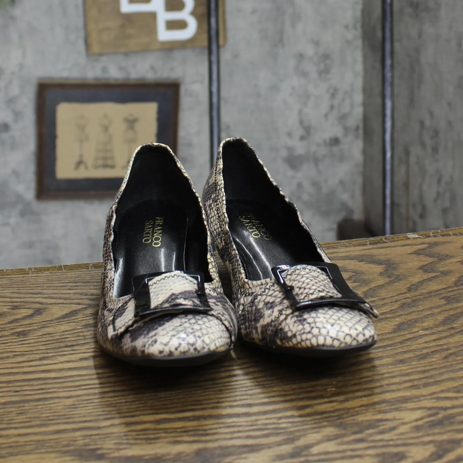 Franco Sarto Womens Vintage Snake Print Short Buckle Heels Python Brown 7M